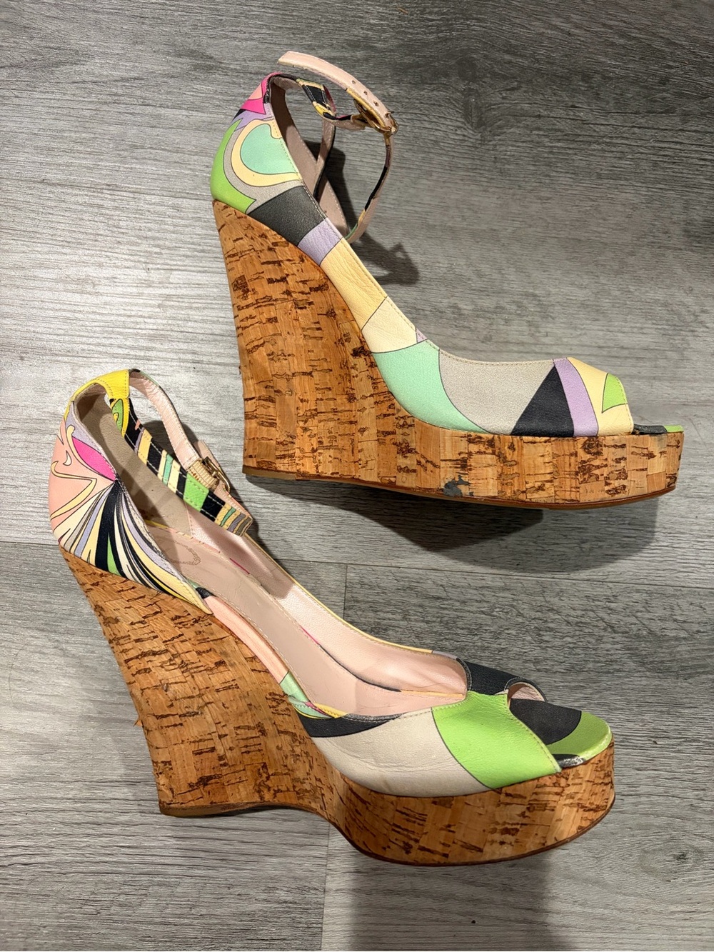 Emilio Pucci Multicolor Cork Wedge Platform Sandals with Ankle Strap 40